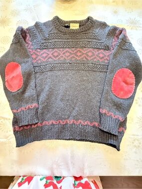 Gaeltarra Irish County Mayo Wool Fair Isle Sweater Gray Red Elbow Patches *E*